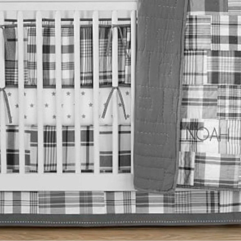 NWT Pottery Barn Baby Gray and White Madras Plaid Crib Skirt